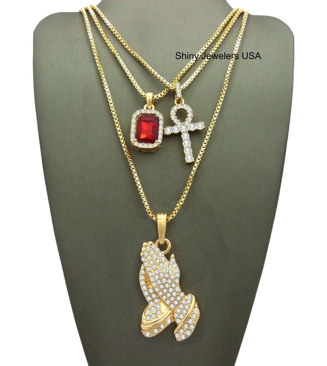 MENS GOLD JESUS PRAYING HAND,ANKH RED PENDANT BOX CHAIN NECKLACE