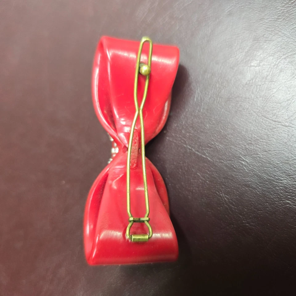 头发红色蝴蝶结发夹玻璃石金色夹子塑料红色蝴蝶结发针2.5英寸 — 第 4/4 张图片