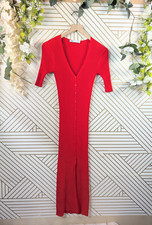 ZARA Women's Red MIDI Dress V Neck Ribbed Button Down Half Sleeve Stretch Sz SM