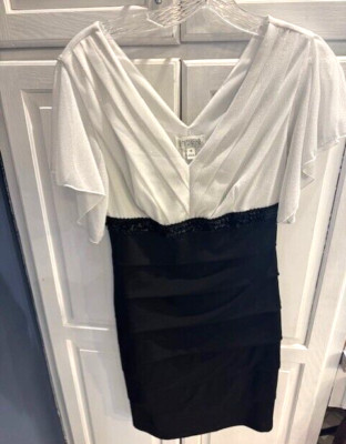 Enfocus Studio Dress Sz 4 Blk & White Ruched Top Ruffle Front Skirt -Free Ship