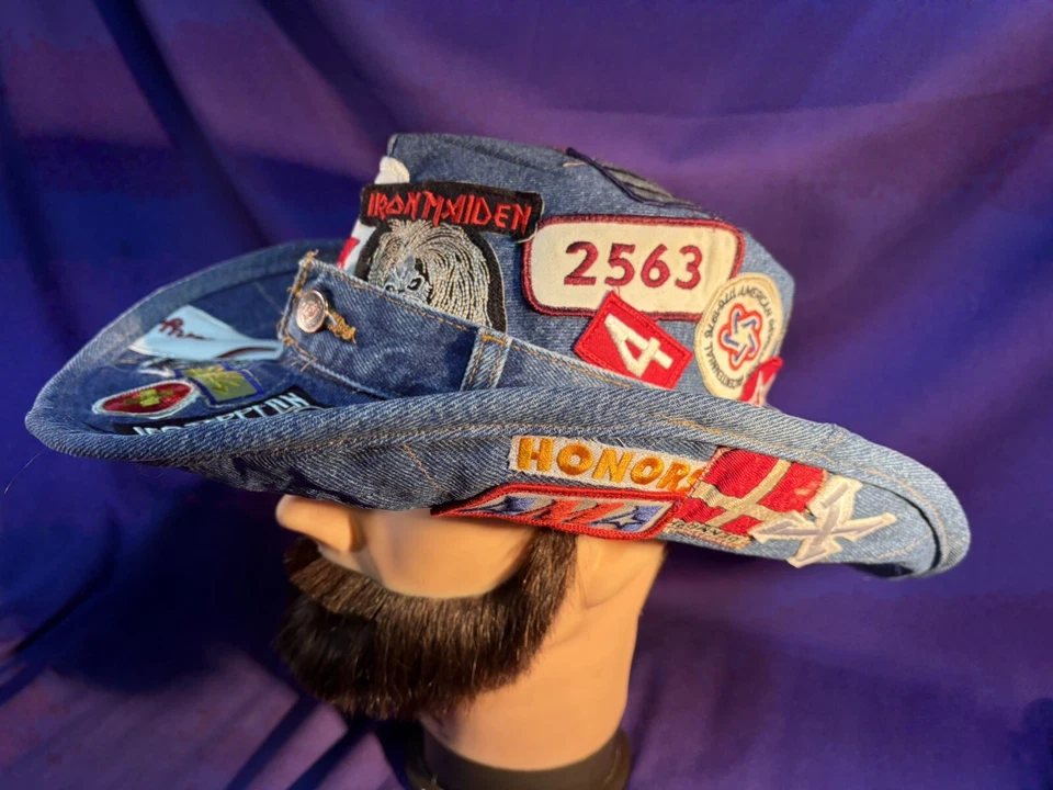 Cowboy Hat size 7 3/4 or XXL handmade upcycled blue jeans patches rockabilly - Image 4 of 4