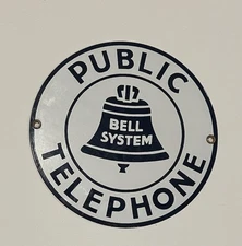 Ande Rooney Porcelain Enameled Public Telephone Bell System Phone Sign 7" Wide