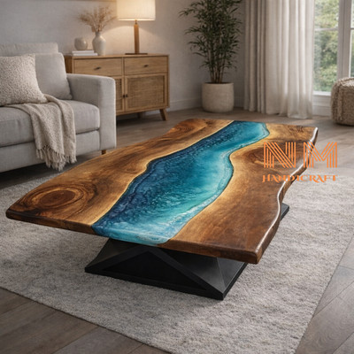 Ocean Blue Epoxy River Table, Live Edge Walnut Wood Handmade Table