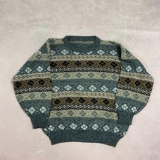 Vintage Abstract Knitted Jumper Patterned Grandad Knit Sweater Men's L