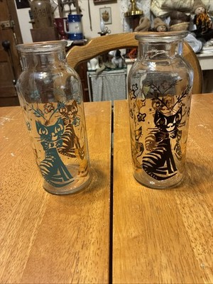 Nice Vintage Pair Aquamarine Gold Black Gold Halloween Cats Decorated Bottles