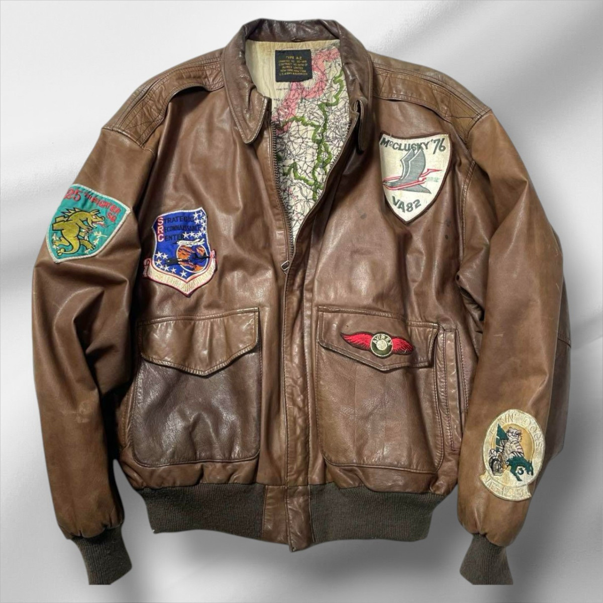 Avirex A-2 Flight Jacket Brown Leather World Map Patches Avirex A-2 Flight Jacket Brown Leather World Map Patches