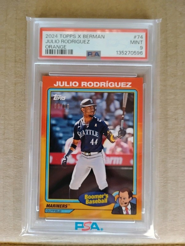 2024 Topps x Chris Berman Boomer's Baseball Julio Rodriguez #74 Orange /10 PSA9