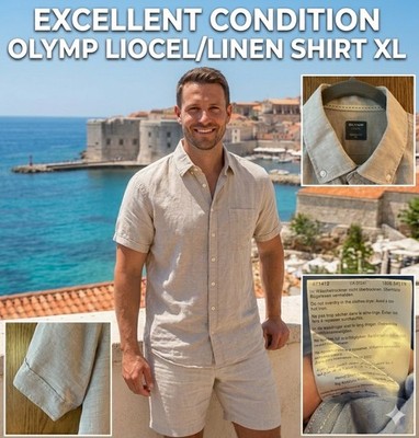 OLYMP Casual Men's Linen Blend Shirt XL Modern Fit Tan Short Sleeve Camp Shirt