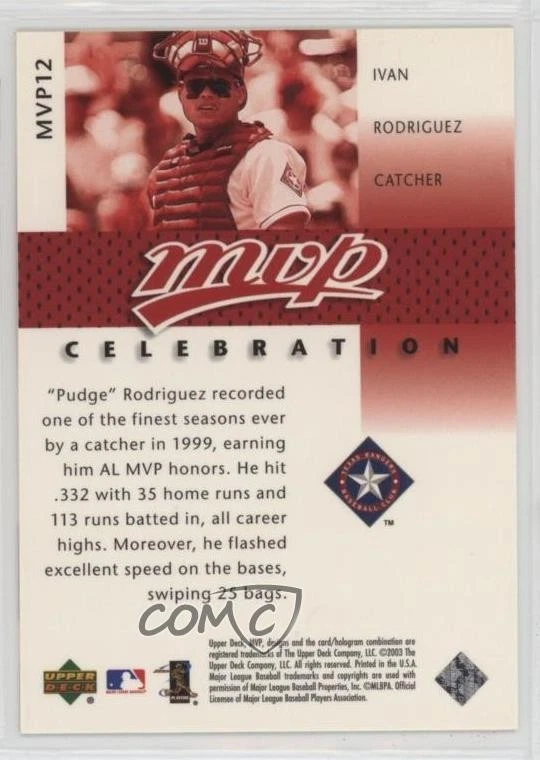 2003 Upper Deck MVP Celebration /1999 Ivan Rodriguez #MVP12 HOF - Image 2 of 2