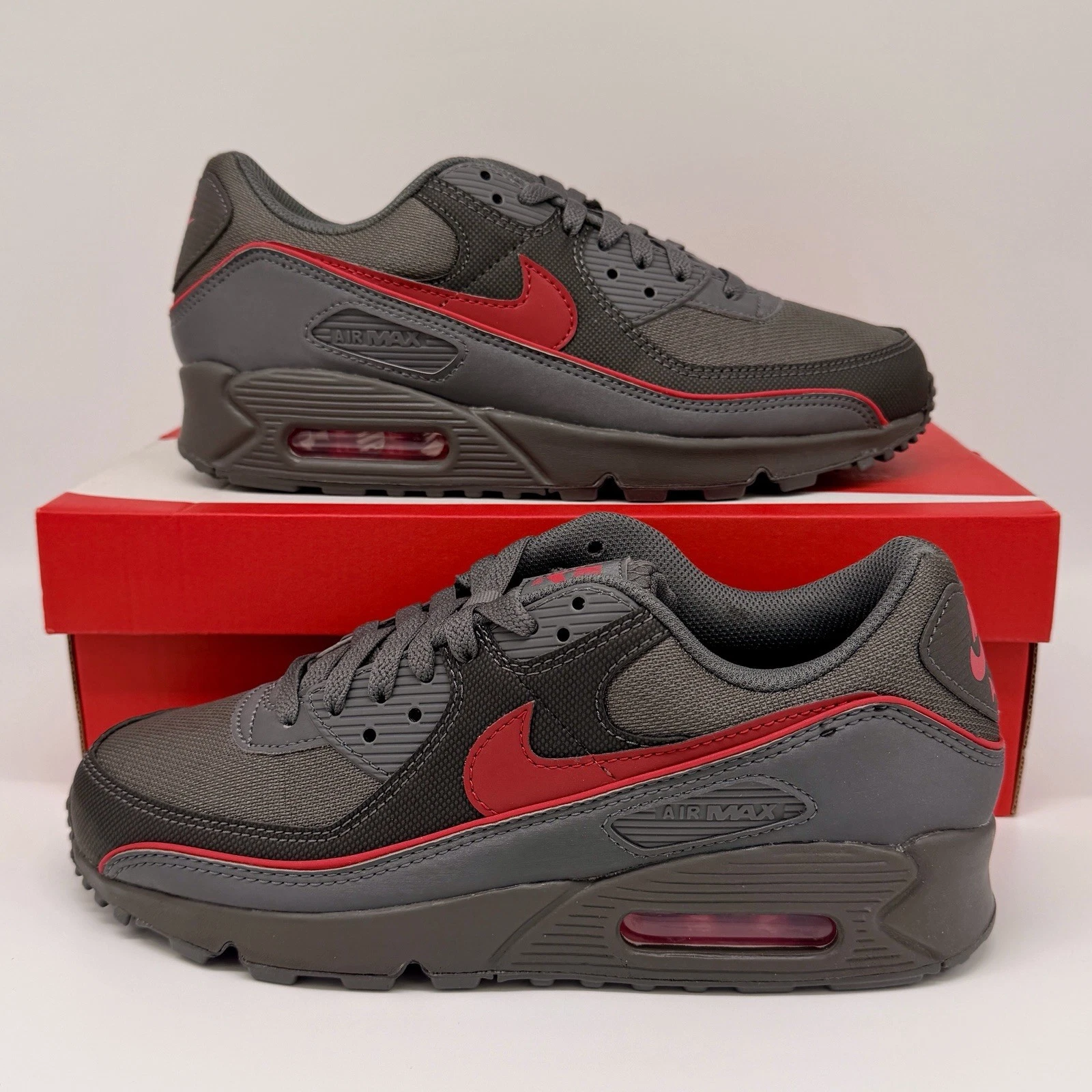 Nike Air Max 90 Premium Iron Grey University Red Shoes HV4517-001 Mens Size NEW