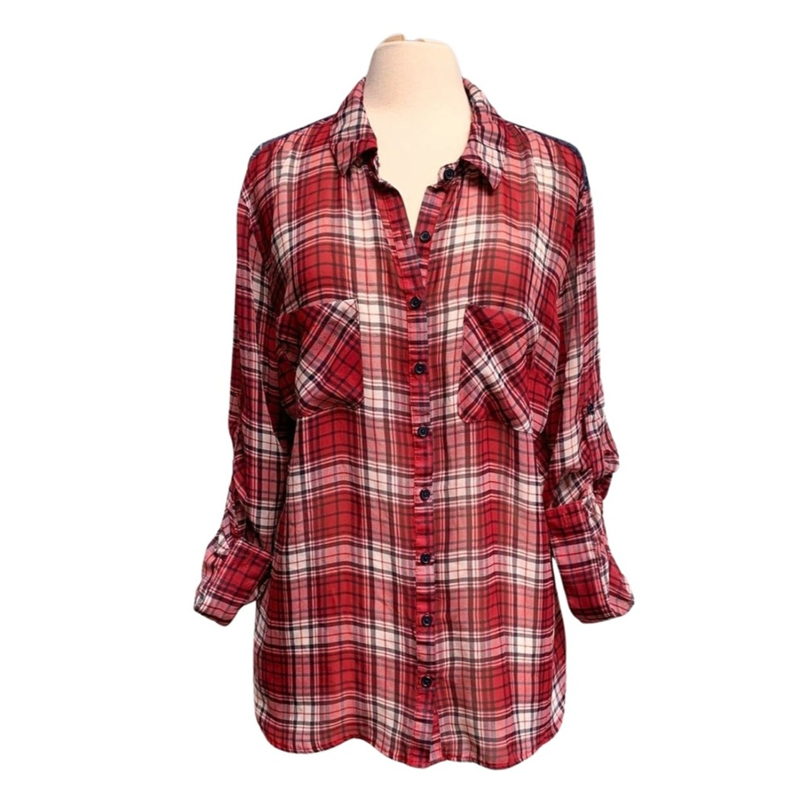 Red Plaid Sheer Button Down Top - image 1