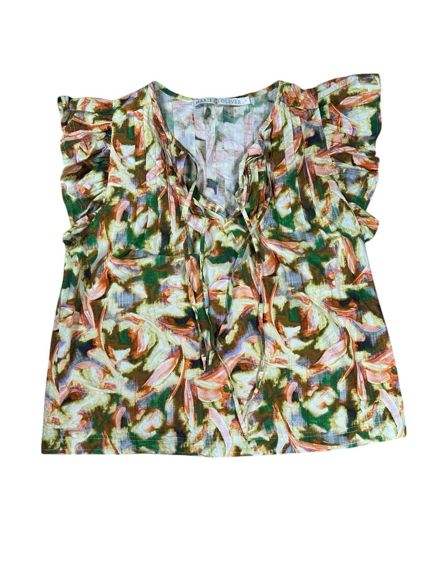 Marie Oliver Olive Top Womens Size Small Botanic Colorful Ruffle Blouse