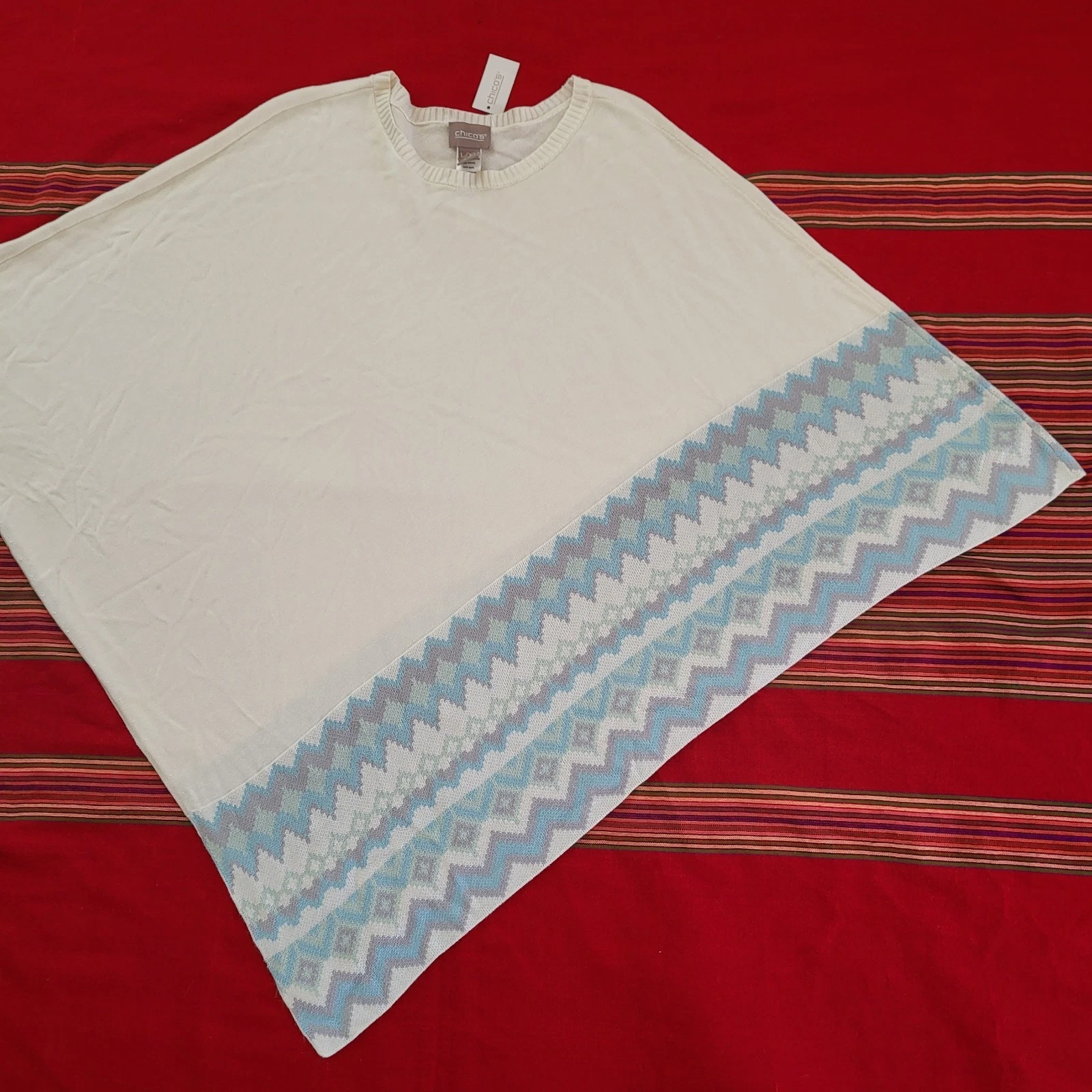 NWT Chico's Poncho Shall Women's Size XL Off White Blue Boho Spring