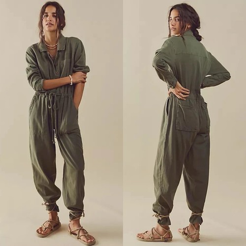 Free People Quinn Tuta Tuta XS Militare Esercito Verde Manica Lunga Bottone