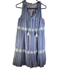 J.Jill Blue White Stripe Ruffle Neck Tiered Mini Dress Tassels Size S