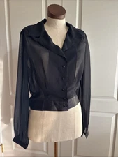 Medium Ladies Sheer Black  Chiffon Cropped Blouse By Secrets In Lace Long Sleeve