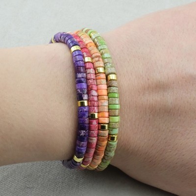 Boho Edelstein Armband   Handgefertigt & Verstellbar   Naturstein Heishi