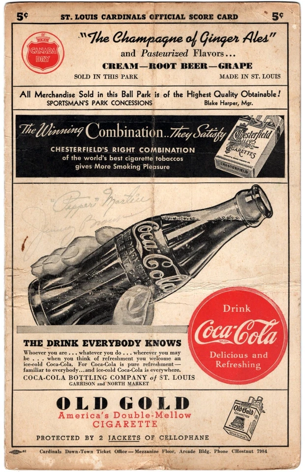 1940 Cardinals Signed Scorecards Pepper Martin Billy Southworth Mort Cooper JSA - Image 2 of 4