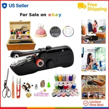 Handheld Sewing Machine Wooden Storage Box 142-Piece Kit Household DIY