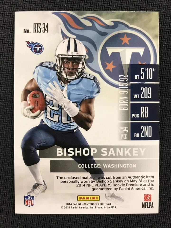 2014 Panini Contenders #RTS-34 Bishop Sankey Titans Rookie Ticket RC PATCH - Image 2 of 2