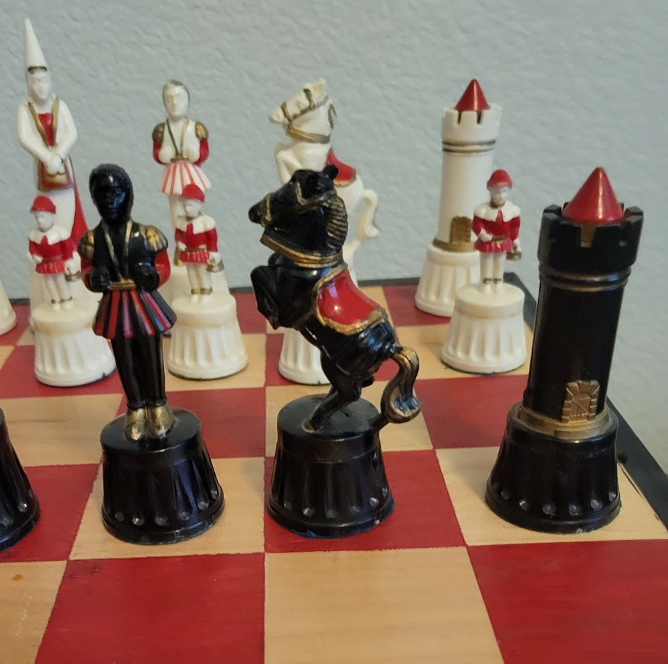 Large Medieval Hand Painted Chess Set 4.75" King 19" Wood Storage Board Drawer! - Image 4 of 4