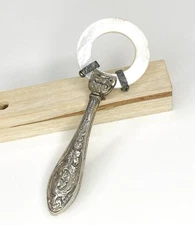 Antique Sterling Silver Marked Sterling MOP Baby Rattle Teether, c. 1910-1930