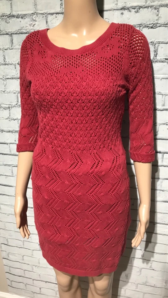 ELLE, XS, Red Crochet Swather 1/3 Sleeve Short Dress, Tunic, Lined, Office Work - Image 2 of 4