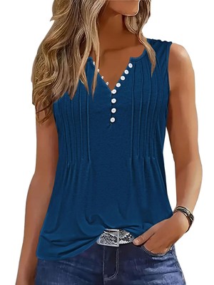 ETCYY Loose Fit Sleeveless Shirt, V Neck Button Down Blouse, Pure Blue, Size M