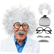 6PCS Old Man Mad Scientist Wig Costume Set,Crazy Physicist Wigs Costume with