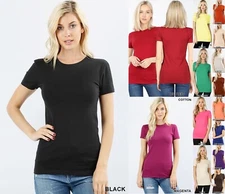 Women Basic SHORT SLEEVE CREW NECK T-Shirt Cotton Stretch Long Top Fitted Tunic 