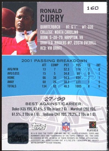 Ronald Curry AU Rookie Card 2002 Bowman's Best Gold #160 - Picture 2 of 2