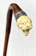 Vintage Antique Carved Tiger Sterling Silver Bamboo Fancy Walking Stick Cane Old