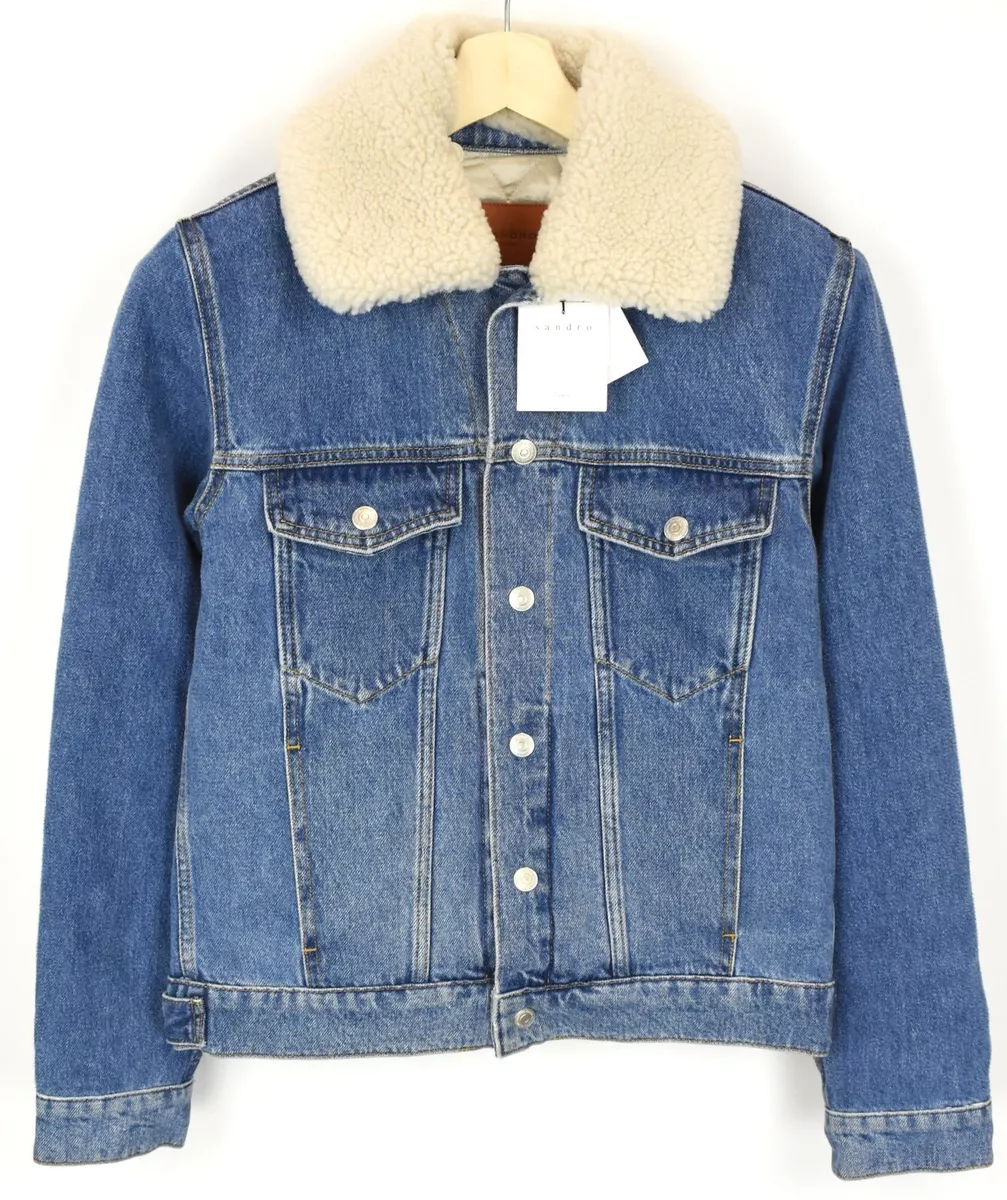 Sandro Shearling Denim Veste Homme XS Jeans Boutons Amovible Col Bleu