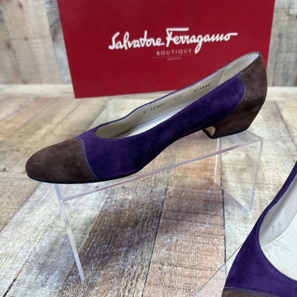 De Colección Salvatore Ferragamo Mujer Zapatos Gamuza Marrón Púrpura 8.5 AAAA Tacones ESTRECHOS Foto 2 de 4