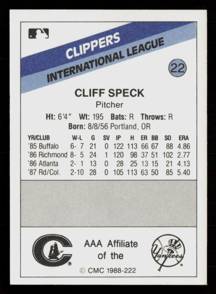 Cliff Speck 1988 CMC Columbus Clippers #22 Columbus Clippers Baseball Card - Image 2 of 2
