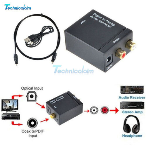 Optical Coaxial Toslink Digital to Analog Audio RCA L/R Adapter Converter Black - Afbeelding 1 van 8
