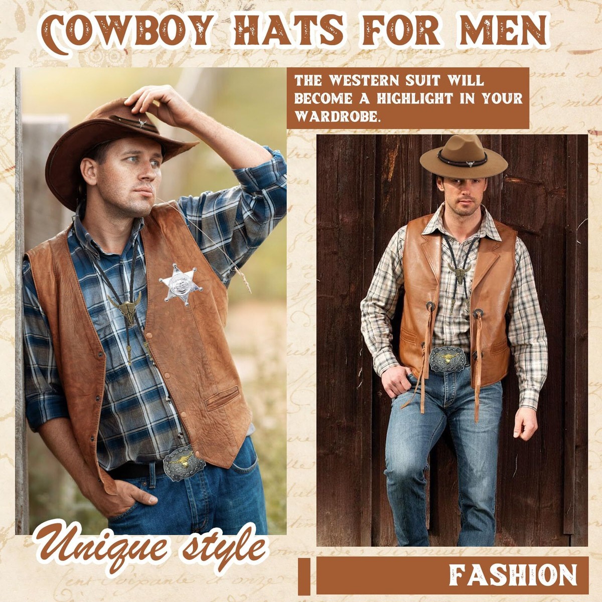 ILOVEFANCYDRESS Cowboy-Set – Brauner Hut Mit Stern-Nieten + Bandana, Wählbare Farben