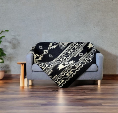 Black Reversible ALPACA Wool THROW BLANKET Andean Southwestern Design 80'' X 48''