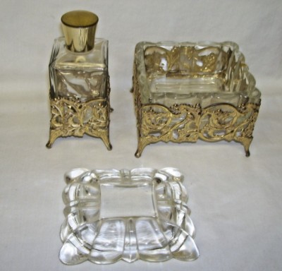 Matching Antique Glass Dresser Box and Perfume Bottle with Gold Plate Bottoms | eBay Matching Antique Glass Dresser Box and Perfume Bottle with Gold Plate Bottoms | eBay