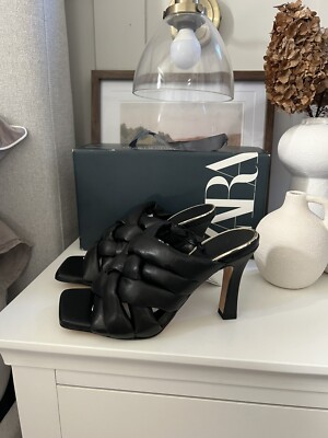 Zara Women Black Quilted Braided Leather Heeled Mules 2330/510
