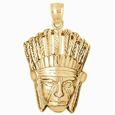 New 14k Yellow Gold Native American Indian Chief Pendant