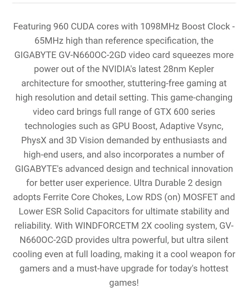 Gigabyte GV-N660OC-2GD GeForce GTX 660 2GB GDDR5 Graphics Card - Works - Image 2 of 4