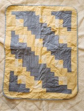 Baby Crib Quilt Yellow and Blue Rectangle Log Cabin Pattern Handmade Blanket
