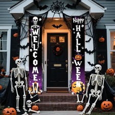 Happy Halloween Porch Banners Skeleton Welcome Vertical Purple Door Decoration