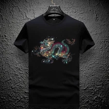 Fashion Trend Dragon Hot Diamonds Rhinestones Black Summer Luxury Men T-Shirt