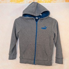 Puma Boys Youth M 10-12 Full Zip Hoodie Gray Blue Logo Fleece Jacket Sweatshirt