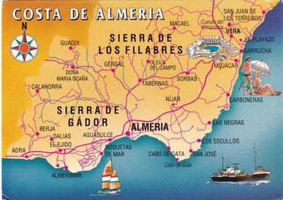 Costa de Almeria Spanien Karte illustriert Sierra de Gador Mojacar ~ gebraucht ~ verschickt