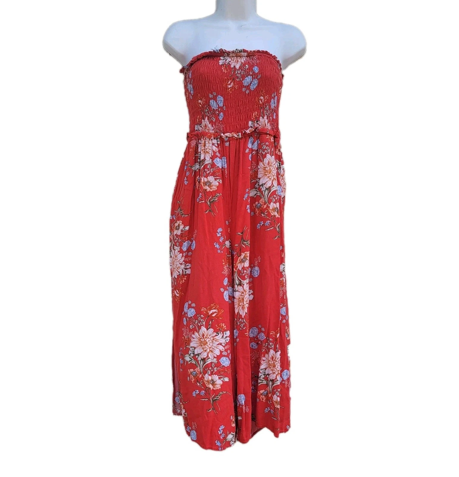 American Eagle Red Floral Smocked Wide Leg Strapless Jumpsuit Sz M Coastal Beach
