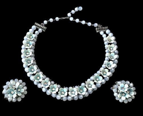 1950’s LERU Blue Moon Glow Borealis Enamel Necklace Earrings Bracelet Set Parure - Picture 2 of 22