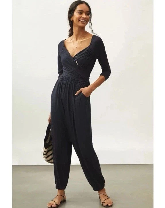 Daily Practice Ruffled Lounge Wrap Jumpsuit Anthropologie Black Casual Large